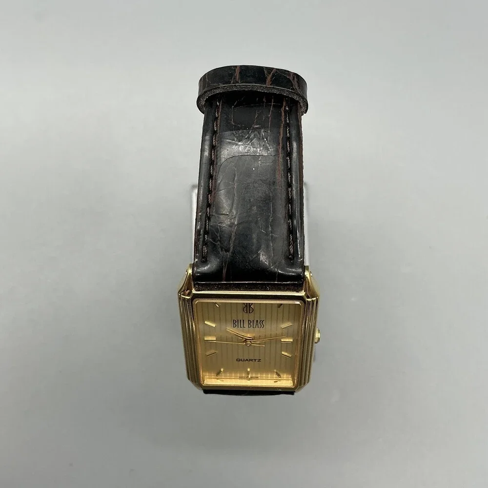 Vintage Bill Blass 007-0132 Mens Watch 24mm Gold Dial Black Leather New Battery